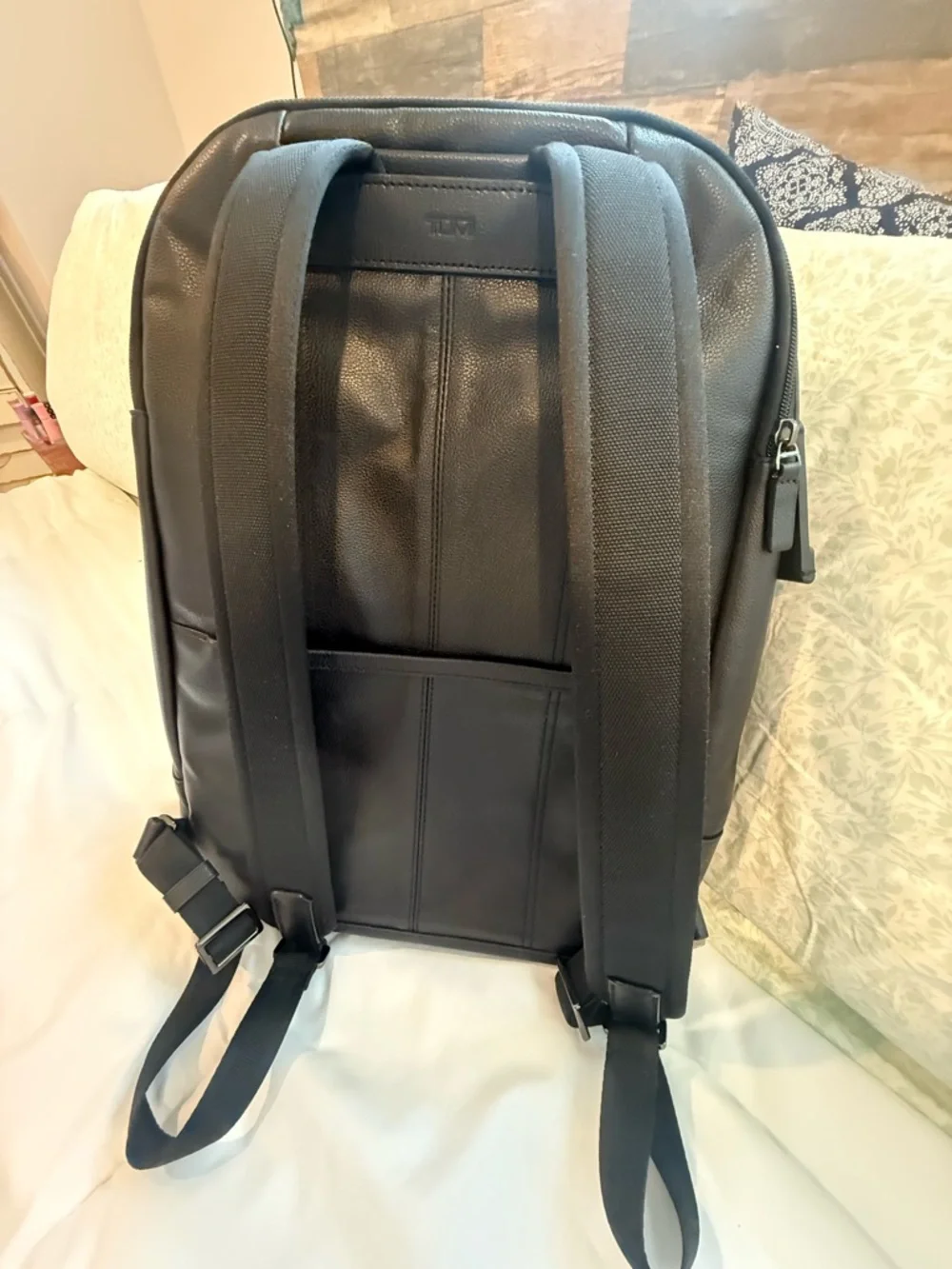Tumi “Warren” Black Leather Backpack  Front Zip Pockets & multiple compartments!